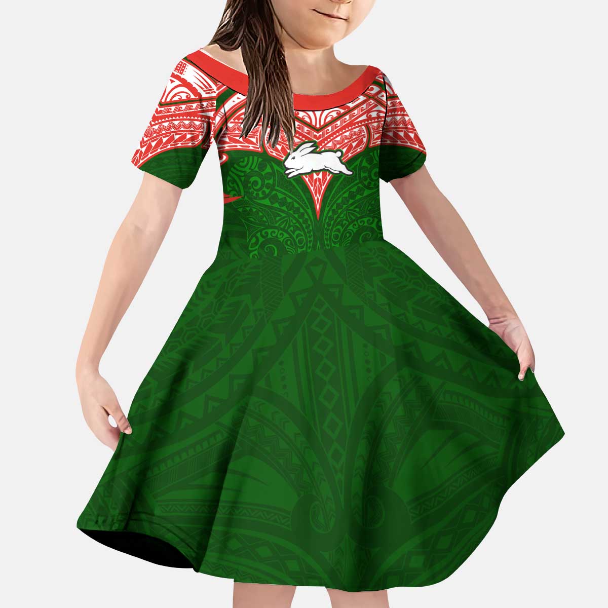 Personalized South Sydney Rabbitohs Kid Short Sleeve Dress Polynesian Tribal Pattern Style