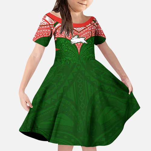 Personalized South Sydney Rabbitohs Kid Short Sleeve Dress Polynesian Tribal Pattern Style