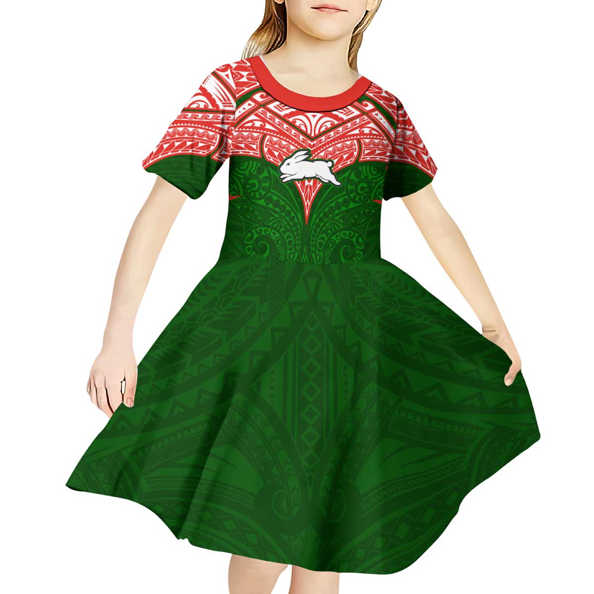 Personalized South Sydney Rabbitohs Kid Short Sleeve Dress Polynesian Tribal Pattern Style