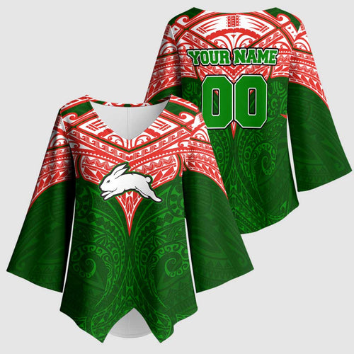 Personalized South Sydney Rabbitohs Kimono Sleeve Blouse Polynesian Tribal Pattern Style