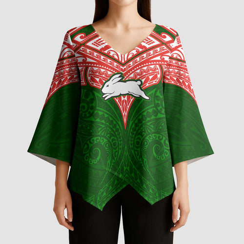 Personalized South Sydney Rabbitohs Kimono Sleeve Blouse Polynesian Tribal Pattern Style