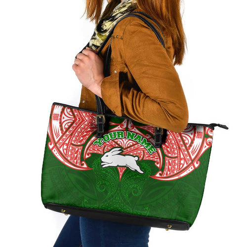 Personalized South Sydney Rabbitohs Leather Tote Bag Polynesian Tribal Pattern Style