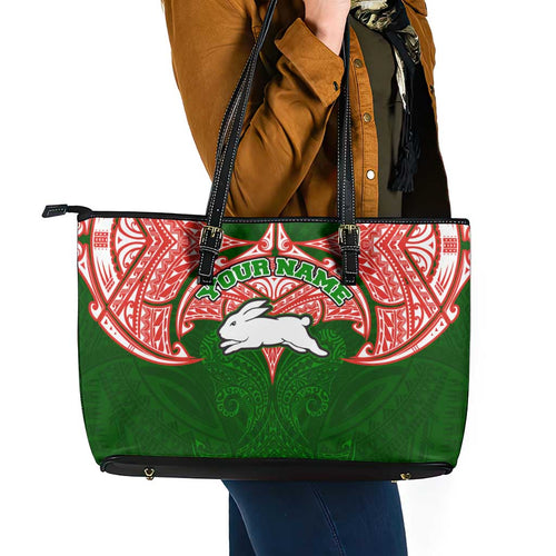 Personalized South Sydney Rabbitohs Leather Tote Bag Polynesian Tribal Pattern Style