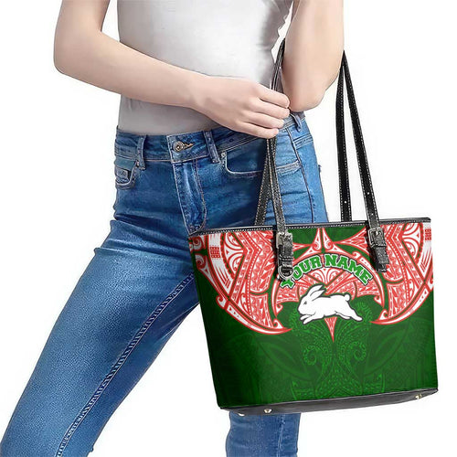 Personalized South Sydney Rabbitohs Leather Tote Bag Polynesian Tribal Pattern Style