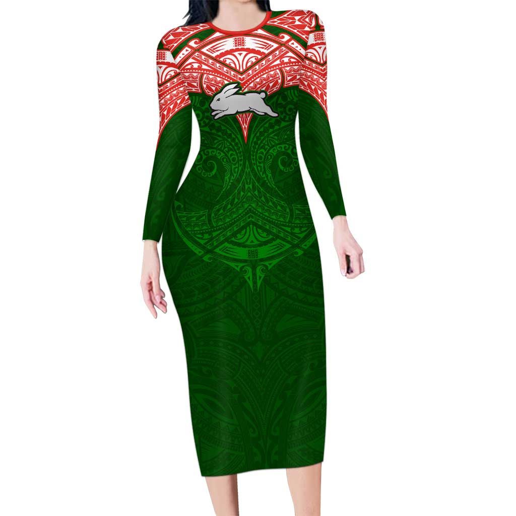 Personalized South Sydney Rabbitohs Long Sleeve Bodycon Dress Polynesian Tribal Pattern Style
