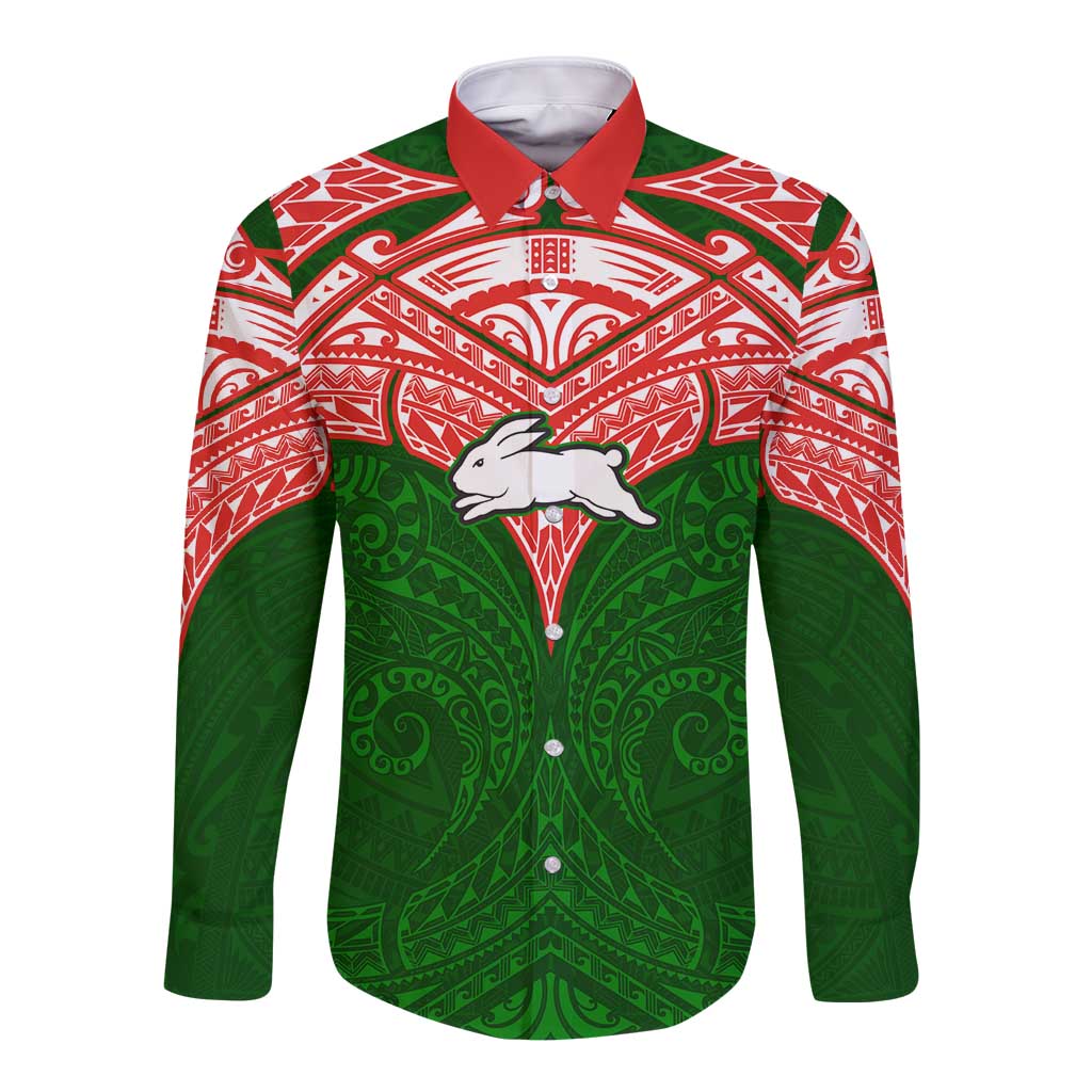 Personalized South Sydney Rabbitohs Long Sleeve Button Shirt Polynesian Tribal Pattern Style