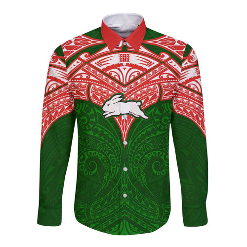 Personalized South Sydney Rabbitohs Long Sleeve Button Shirt Polynesian Tribal Pattern Style