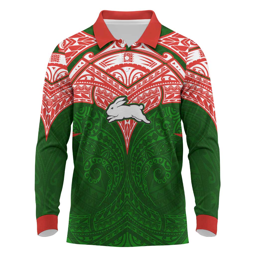 Personalized South Sydney Rabbitohs Long Sleeve Polo Shirt Polynesian Tribal Pattern Style