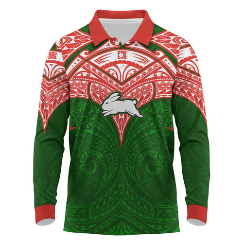 Personalized South Sydney Rabbitohs Long Sleeve Polo Shirt Polynesian Tribal Pattern Style