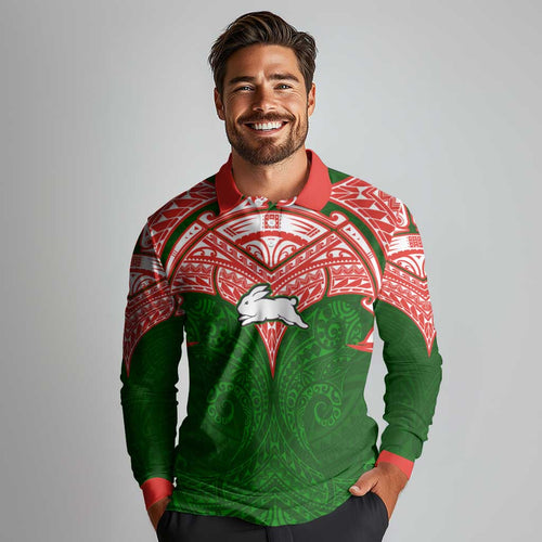 Personalized South Sydney Rabbitohs Long Sleeve Polo Shirt Polynesian Tribal Pattern Style