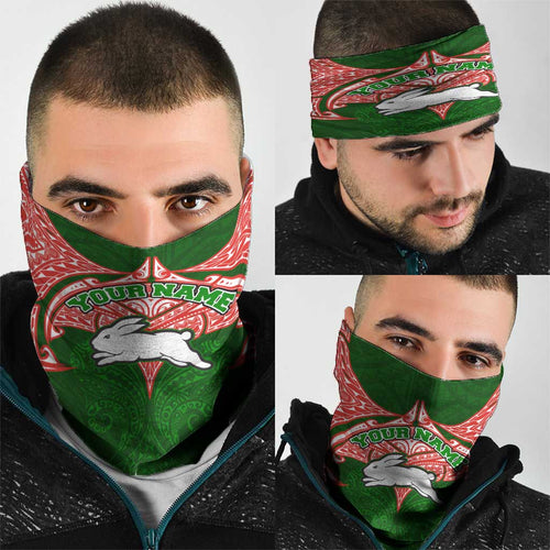 Personalized South Sydney Rabbitohs Neck Gaiter Polynesian Tribal Pattern Style