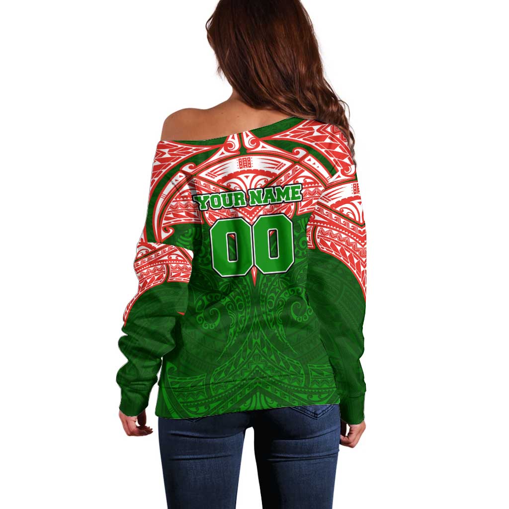 Personalized South Sydney Rabbitohs Off Shoulder Sweater Polynesian Tribal Pattern Style