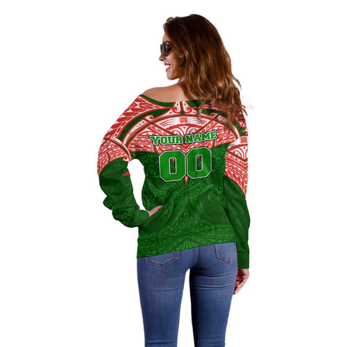 Personalized South Sydney Rabbitohs Off Shoulder Sweater Polynesian Tribal Pattern Style