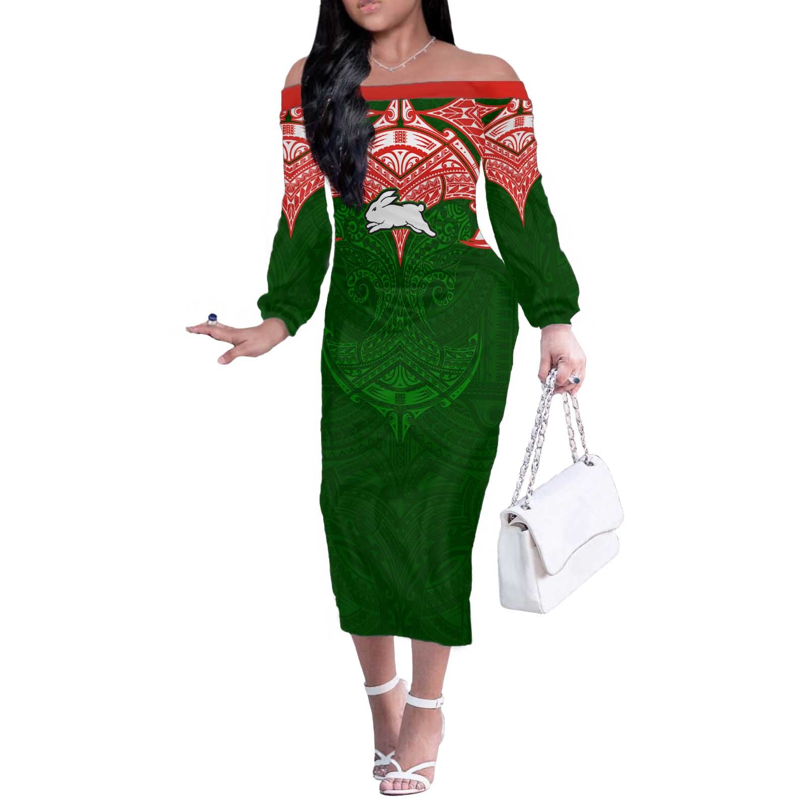 Personalized South Sydney Rabbitohs Off The Shoulder Long Sleeve Dress Polynesian Tribal Pattern Style