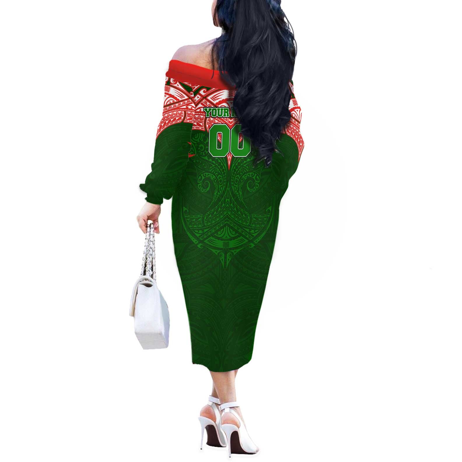 Personalized South Sydney Rabbitohs Off The Shoulder Long Sleeve Dress Polynesian Tribal Pattern Style
