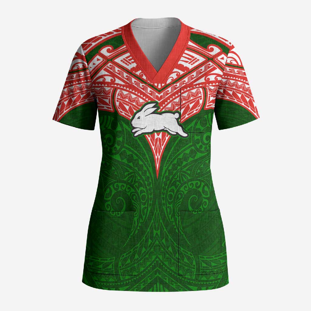Personalized South Sydney Rabbitohs Scrub Top Polynesian Tribal Pattern Style