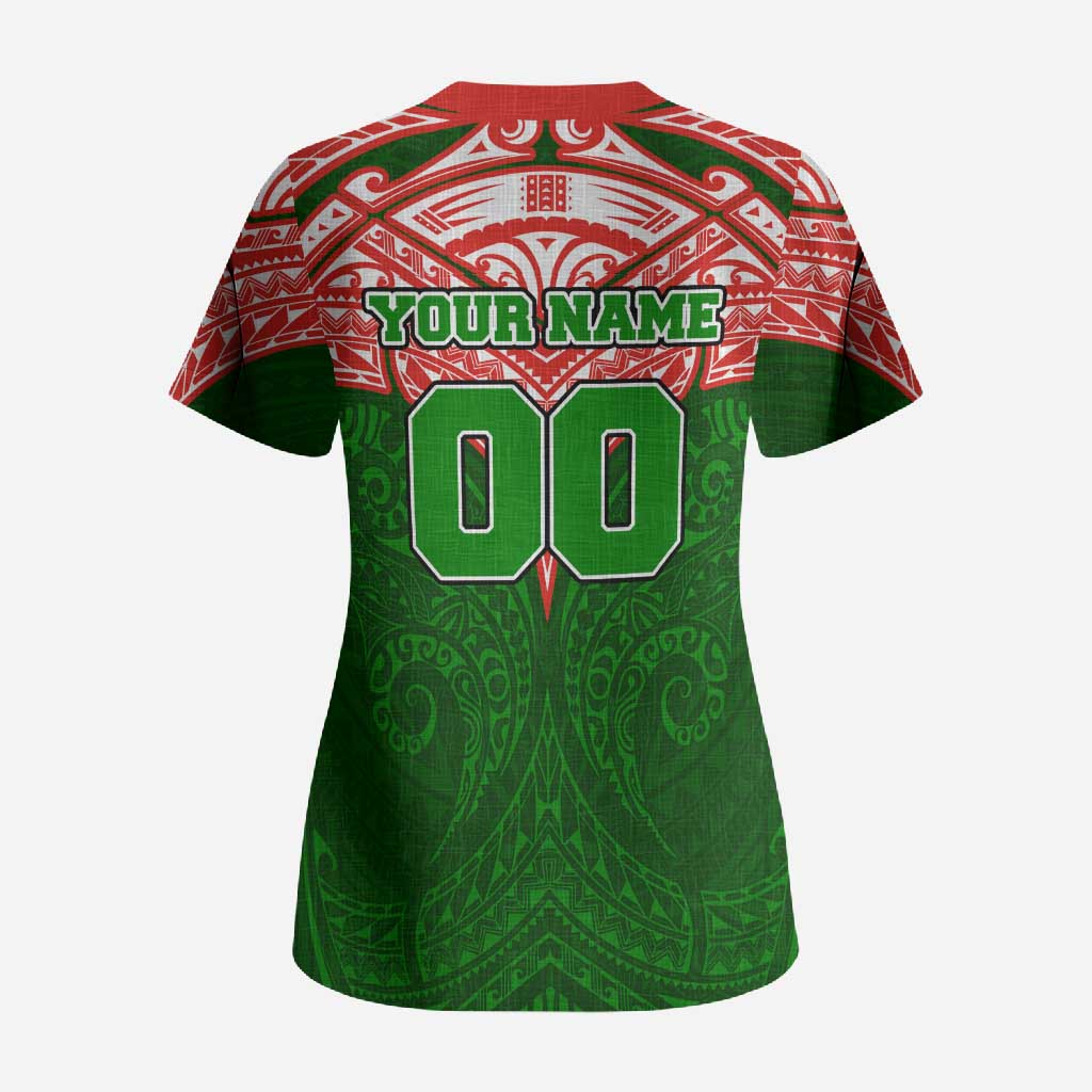 Personalized South Sydney Rabbitohs Scrub Top Polynesian Tribal Pattern Style