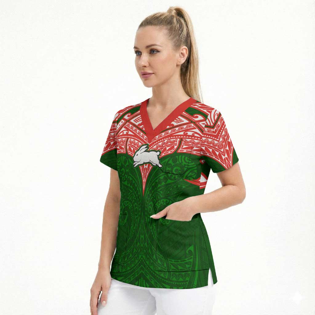 Personalized South Sydney Rabbitohs Scrub Top Polynesian Tribal Pattern Style