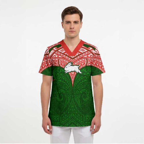 Personalized South Sydney Rabbitohs Scrub Top Polynesian Tribal Pattern Style