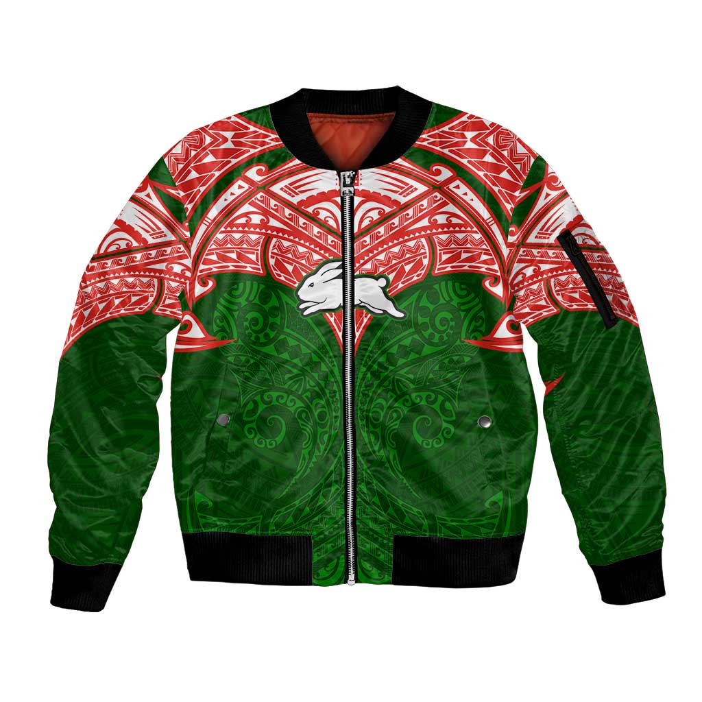 Personalized South Sydney Rabbitohs Sleeve Zip Bomber Jacket Polynesian Tribal Pattern Style