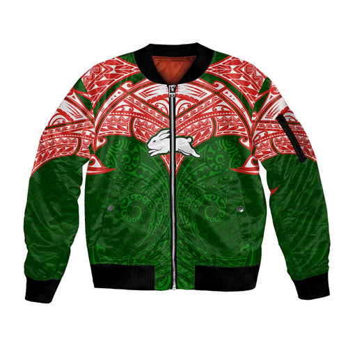 Personalized South Sydney Rabbitohs Sleeve Zip Bomber Jacket Polynesian Tribal Pattern Style
