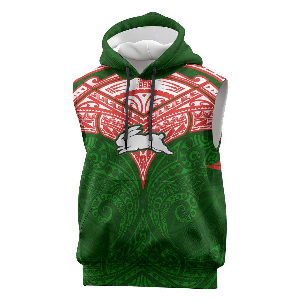 Personalized South Sydney Rabbitohs Sleeveless Hoodie Polynesian Tribal Pattern Style