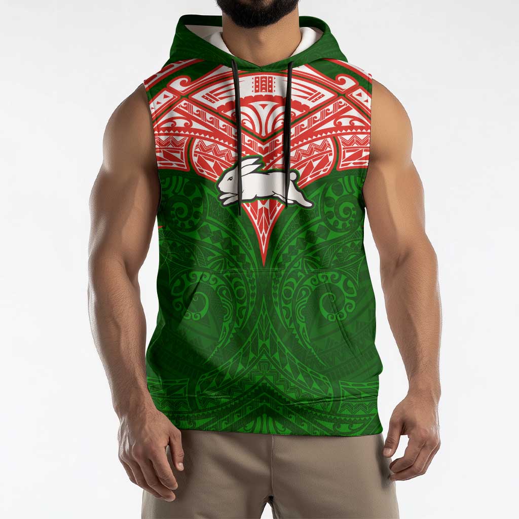 Personalized South Sydney Rabbitohs Sleeveless Hoodie Polynesian Tribal Pattern Style