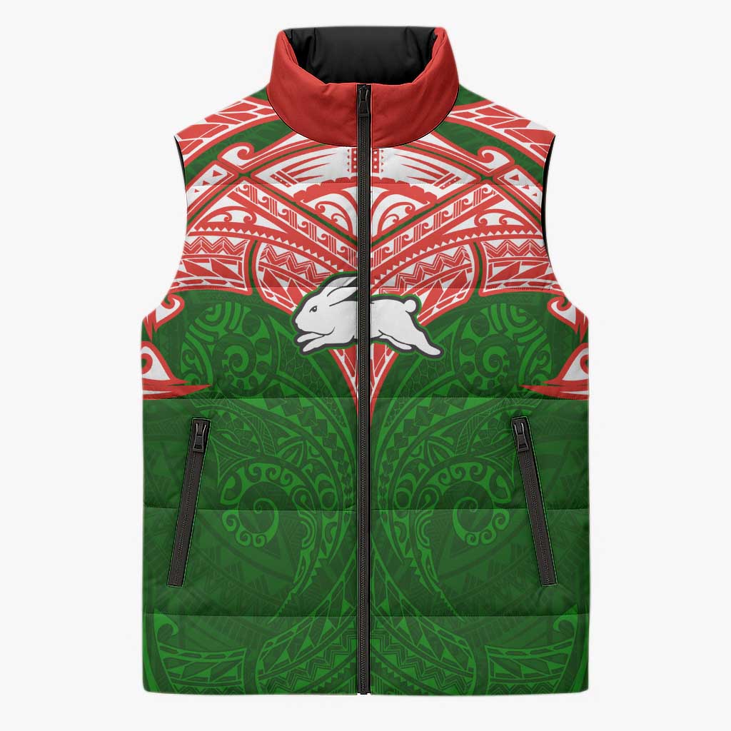 Personalized South Sydney Rabbitohs Sleeveless Puffer Jacket Polynesian Tribal Pattern Style