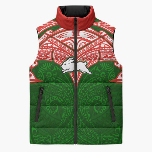 Personalized South Sydney Rabbitohs Sleeveless Puffer Jacket Polynesian Tribal Pattern Style
