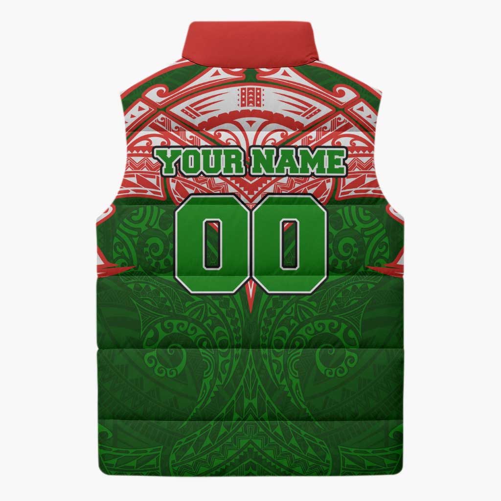 Personalized South Sydney Rabbitohs Sleeveless Puffer Jacket Polynesian Tribal Pattern Style