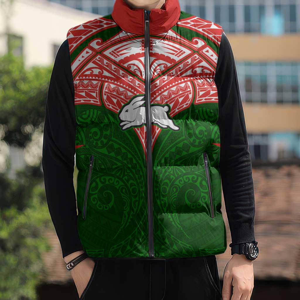 Personalized South Sydney Rabbitohs Sleeveless Puffer Jacket Polynesian Tribal Pattern Style