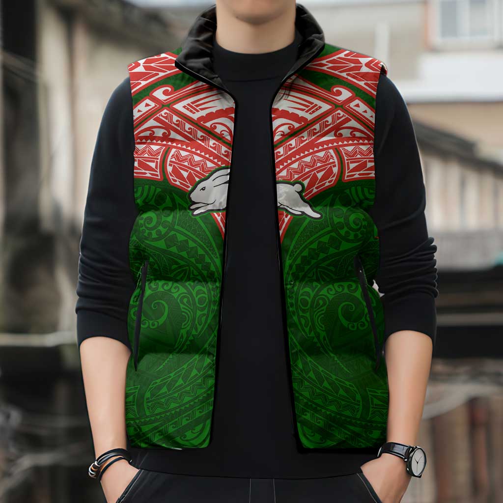 Personalized South Sydney Rabbitohs Sleeveless Puffer Jacket Polynesian Tribal Pattern Style