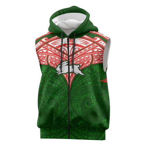 Personalized South Sydney Rabbitohs Sleeveless Zip Hoodie Polynesian Tribal Pattern Style
