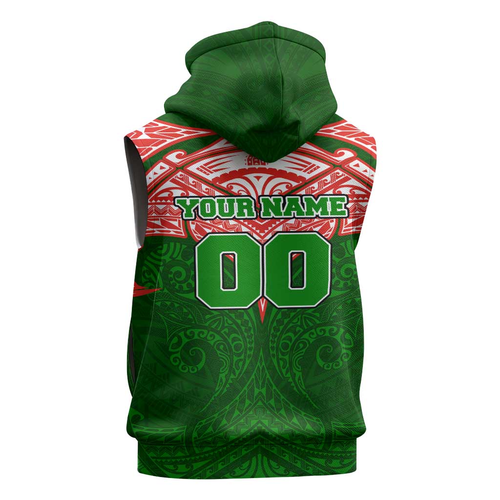 Personalized South Sydney Rabbitohs Sleeveless Zip Hoodie Polynesian Tribal Pattern Style