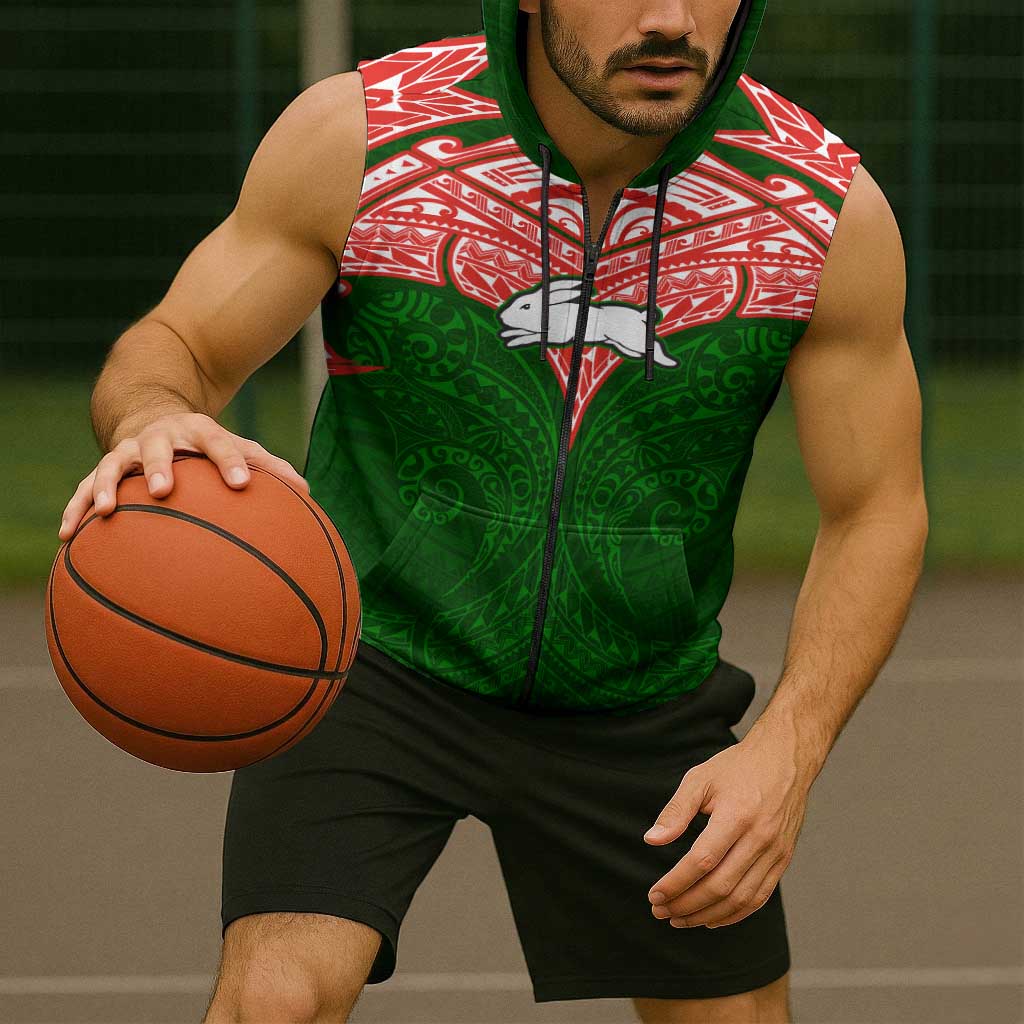 Personalized South Sydney Rabbitohs Sleeveless Zip Hoodie Polynesian Tribal Pattern Style