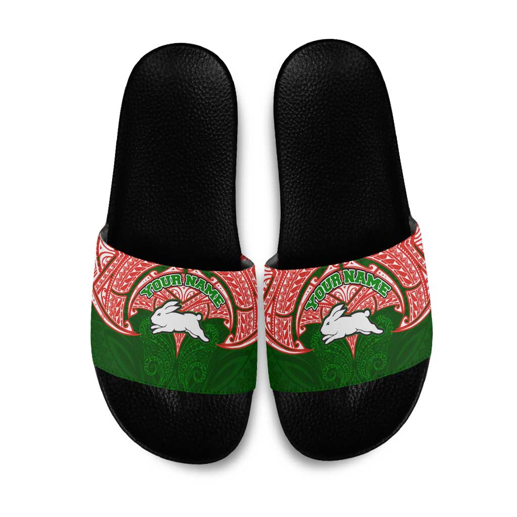 Personalized South Sydney Rabbitohs Slide Sandals Polynesian Tribal Pattern Style