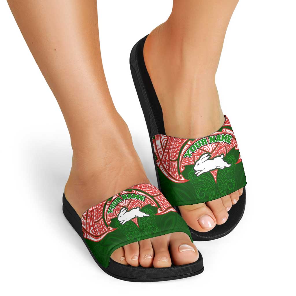 Personalized South Sydney Rabbitohs Slide Sandals Polynesian Tribal Pattern Style