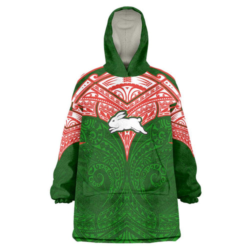 Personalized South Sydney Rabbitohs Wearable Blanket Hoodie Polynesian Tribal Pattern Style
