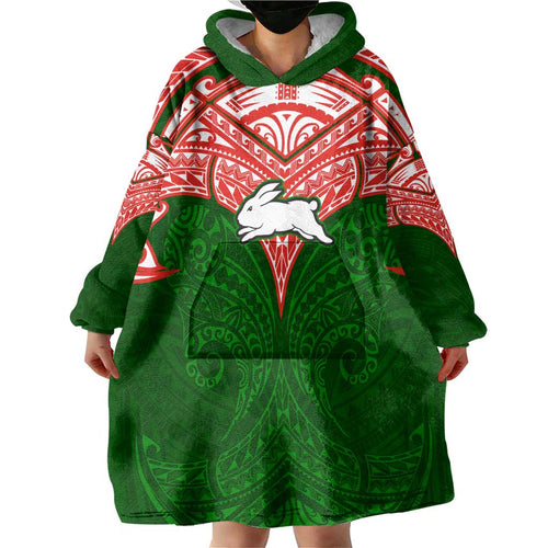 Personalized South Sydney Rabbitohs Wearable Blanket Hoodie Polynesian Tribal Pattern Style
