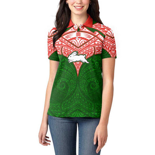 Personalized South Sydney Rabbitohs Women Polo Shirt Polynesian Tribal Pattern Style