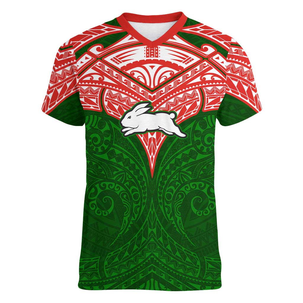 Personalized South Sydney Rabbitohs Women V-Neck T-Shirt Polynesian Tribal Pattern Style