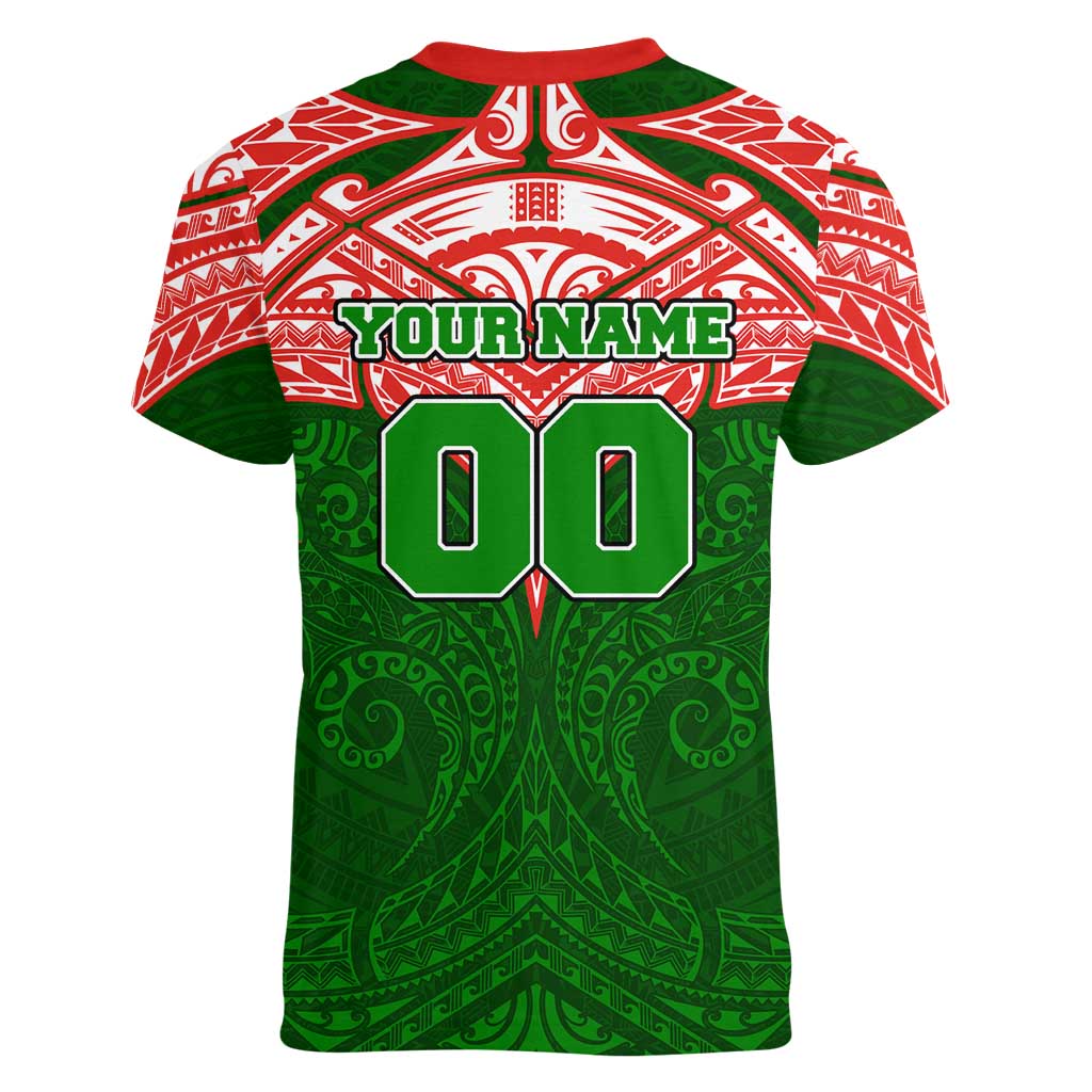 Personalized South Sydney Rabbitohs Women V-Neck T-Shirt Polynesian Tribal Pattern Style