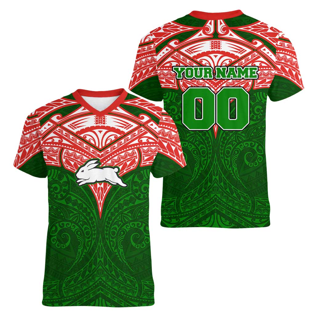 Personalized South Sydney Rabbitohs Women V-Neck T-Shirt Polynesian Tribal Pattern Style