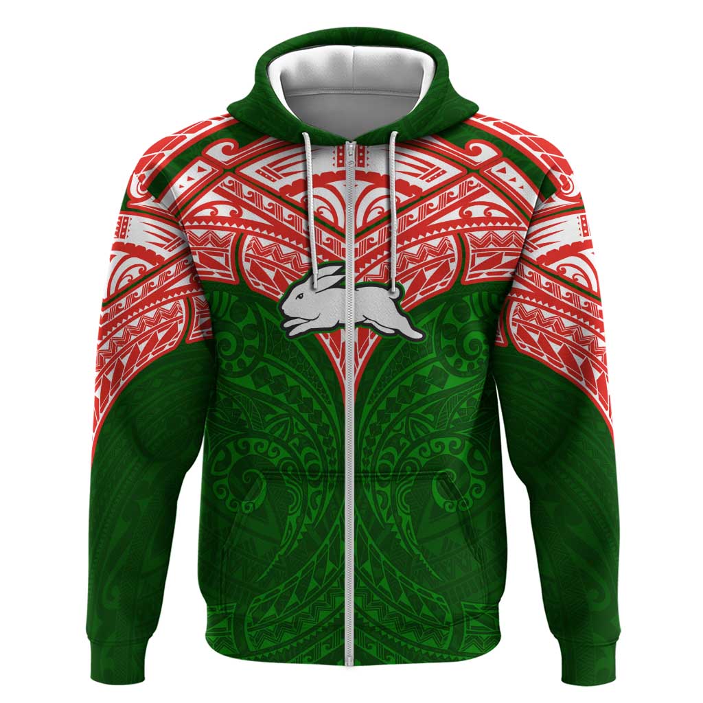 Personalized South Sydney Rabbitohs Zip Hoodie Polynesian Tribal Pattern Style