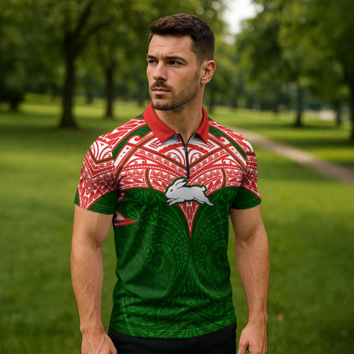 Personalized South Sydney Rabbitohs Zipper Polo Shirt Polynesian Tribal Pattern Style