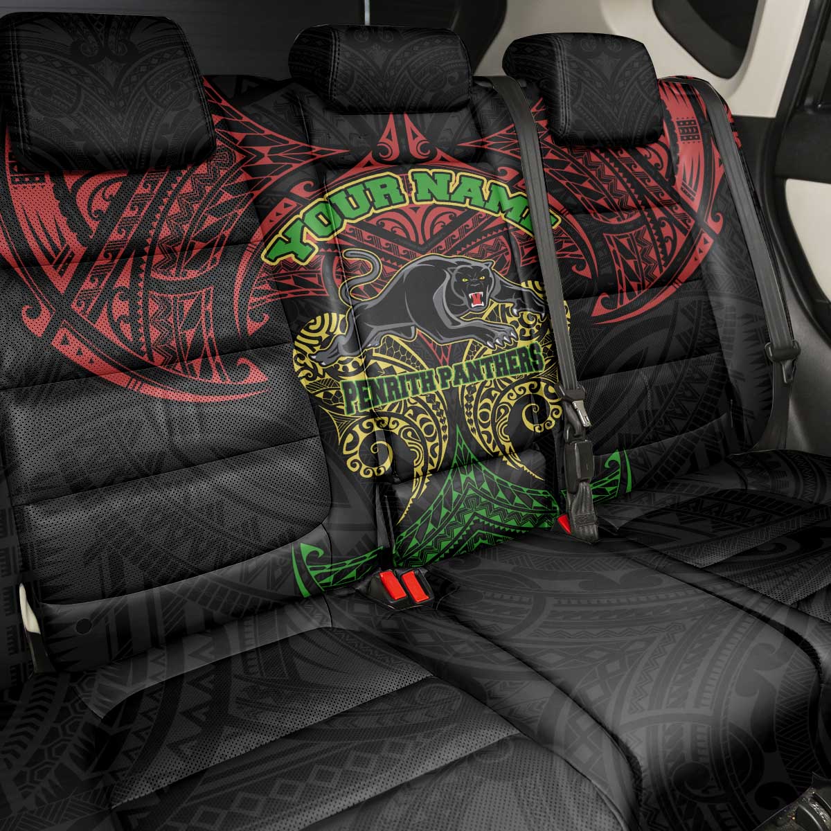 Personalized Penrith Panthers Back Car Seat Cover Polynesian Tribal Pattern Style