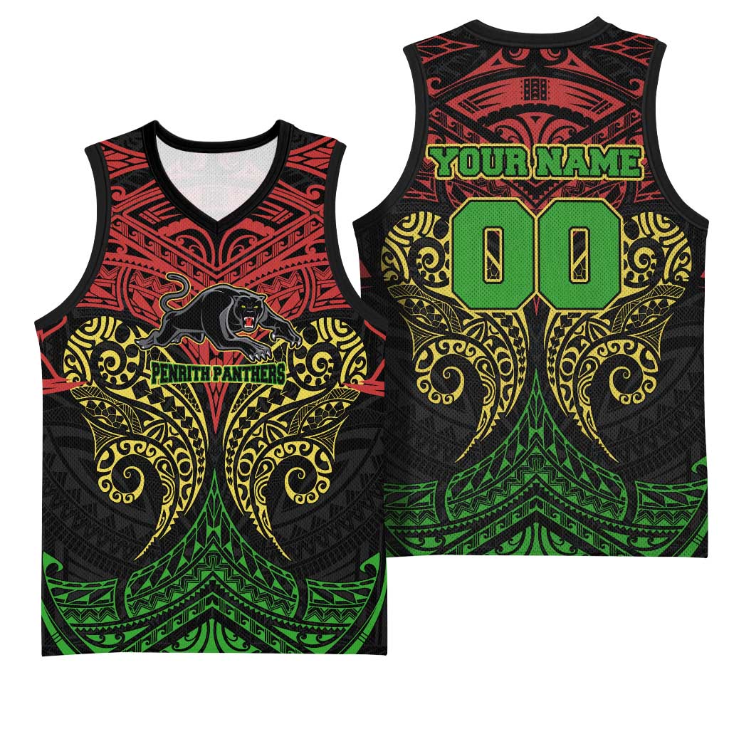 Personalized Penrith Panthers Basketball Jersey Polynesian Tribal Pattern Style