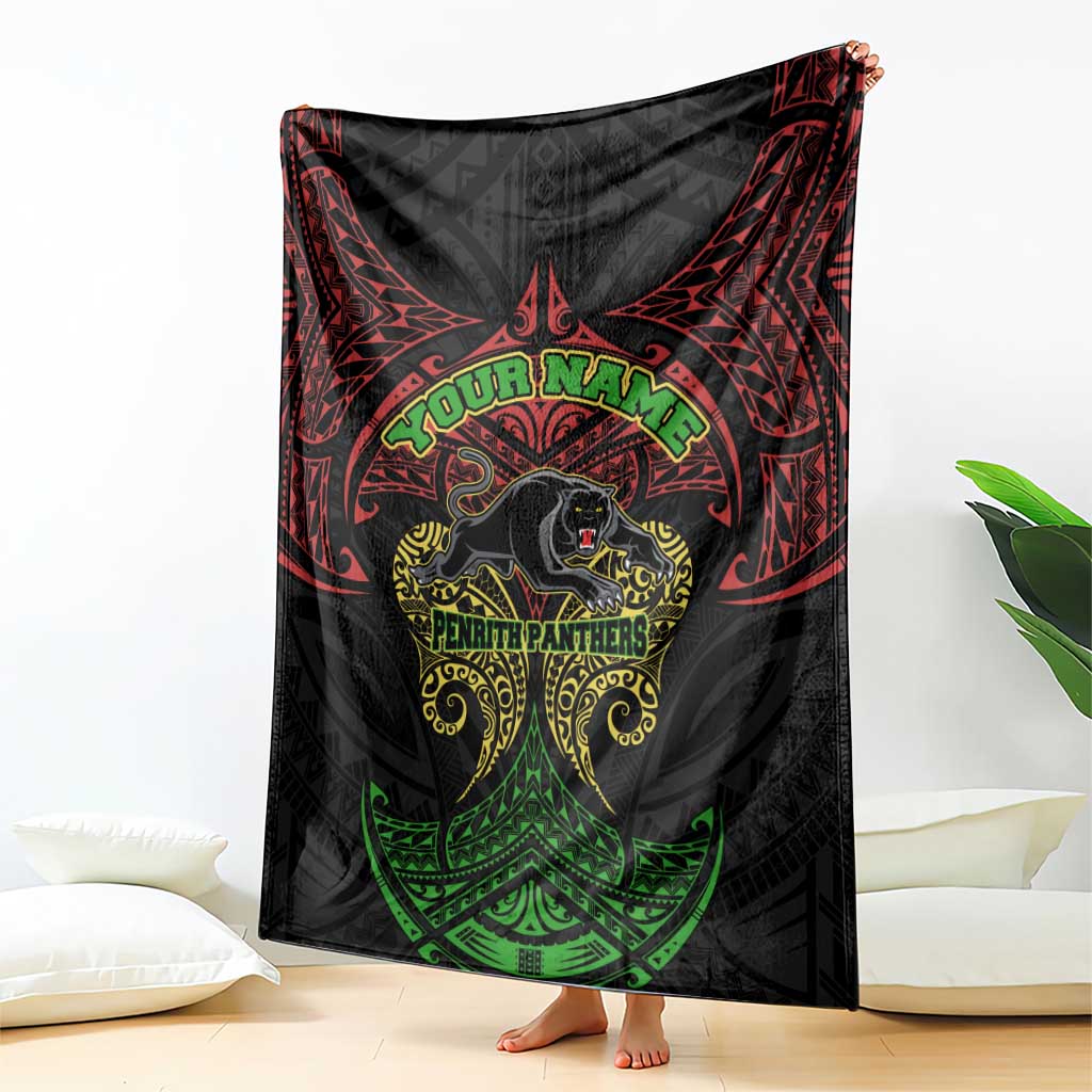 Personalized Penrith Panthers Blanket Polynesian Tribal Pattern Style