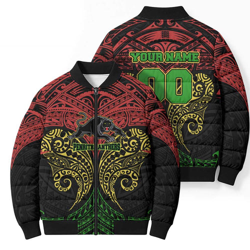 Personalized Penrith Panthers Bomber Puffer Jacket Polynesian Tribal Pattern Style