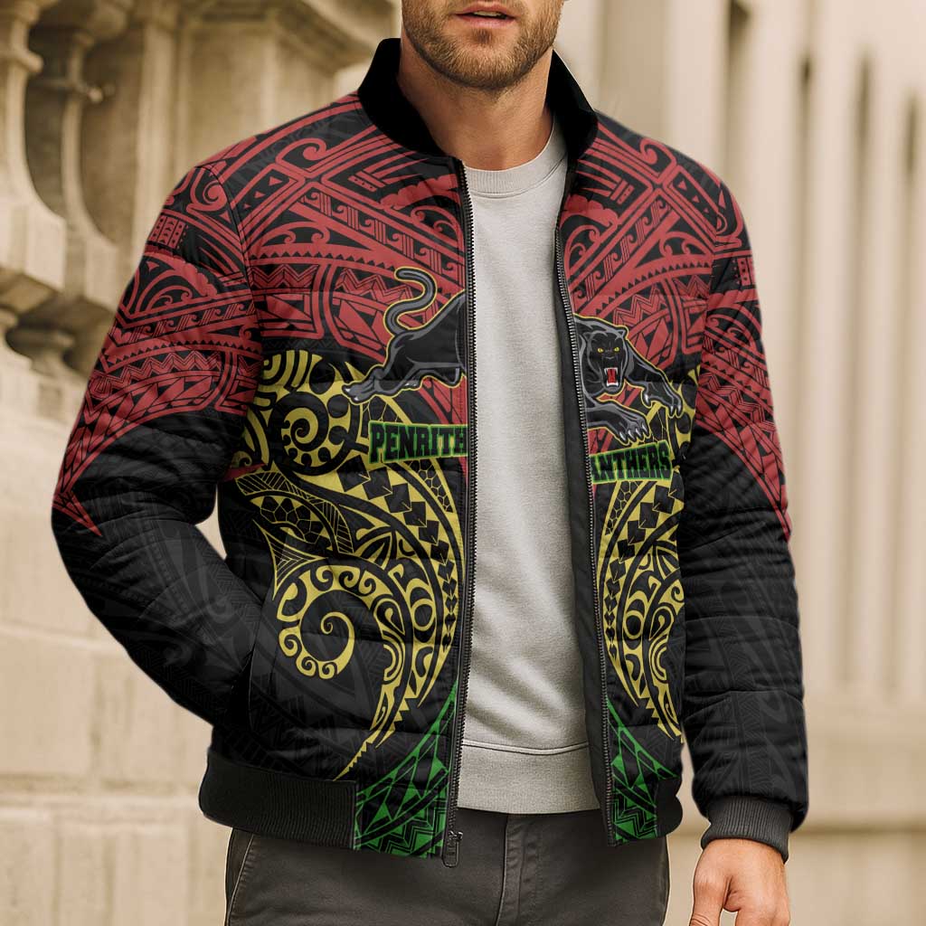 Personalized Penrith Panthers Bomber Puffer Jacket Polynesian Tribal Pattern Style